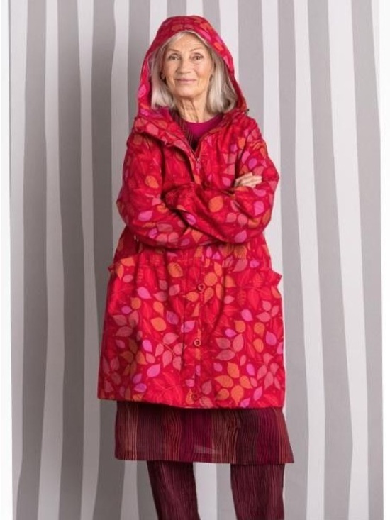 Gudrun Sjoden Jackets & Blazers - Gudrun Sjoden Red Fuschia Leaf-Print Organic Cotton Hooded Raincoat Size S